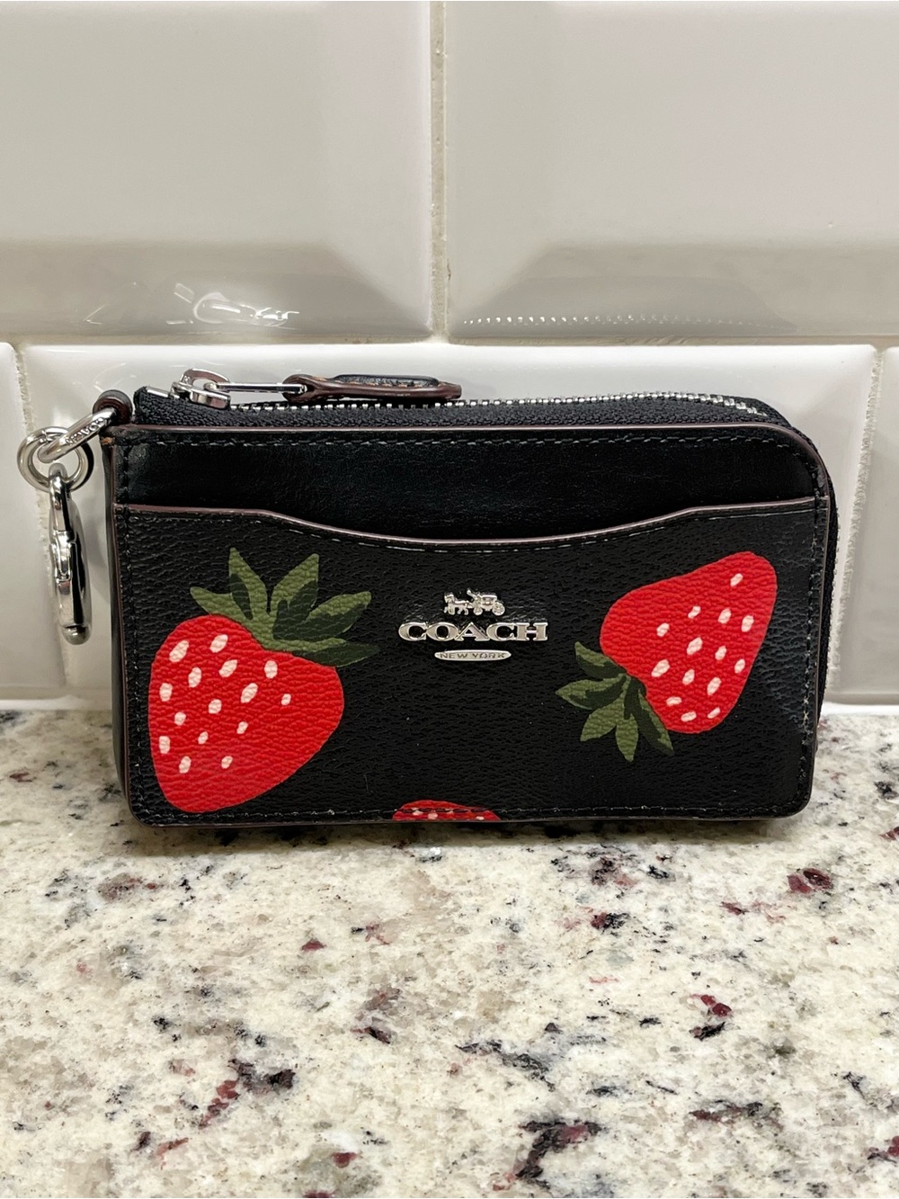 Coach Strawberry Zip Around Card Case with Key Fob EUC